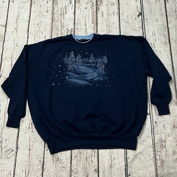Vintage 90s Landscape Outdoor Winter 1990s Blue Crewneck Sweatshirt - Picture 1 of 3